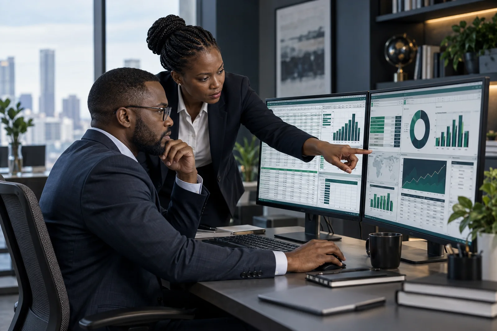 Data analysts examine an advanced workbook and analytical dashboard.
