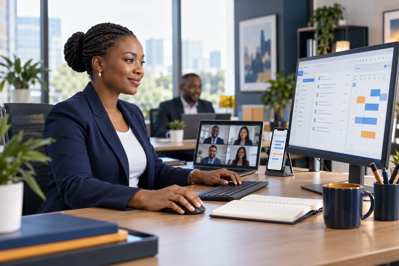 An operations professional coordinates messages, meetings, and tasks.