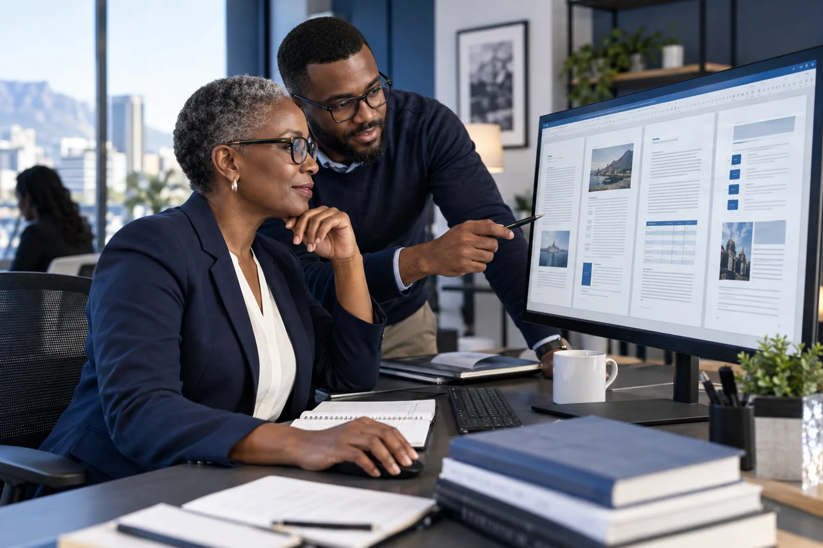 Two experienced professionals refine a complex structured report together.