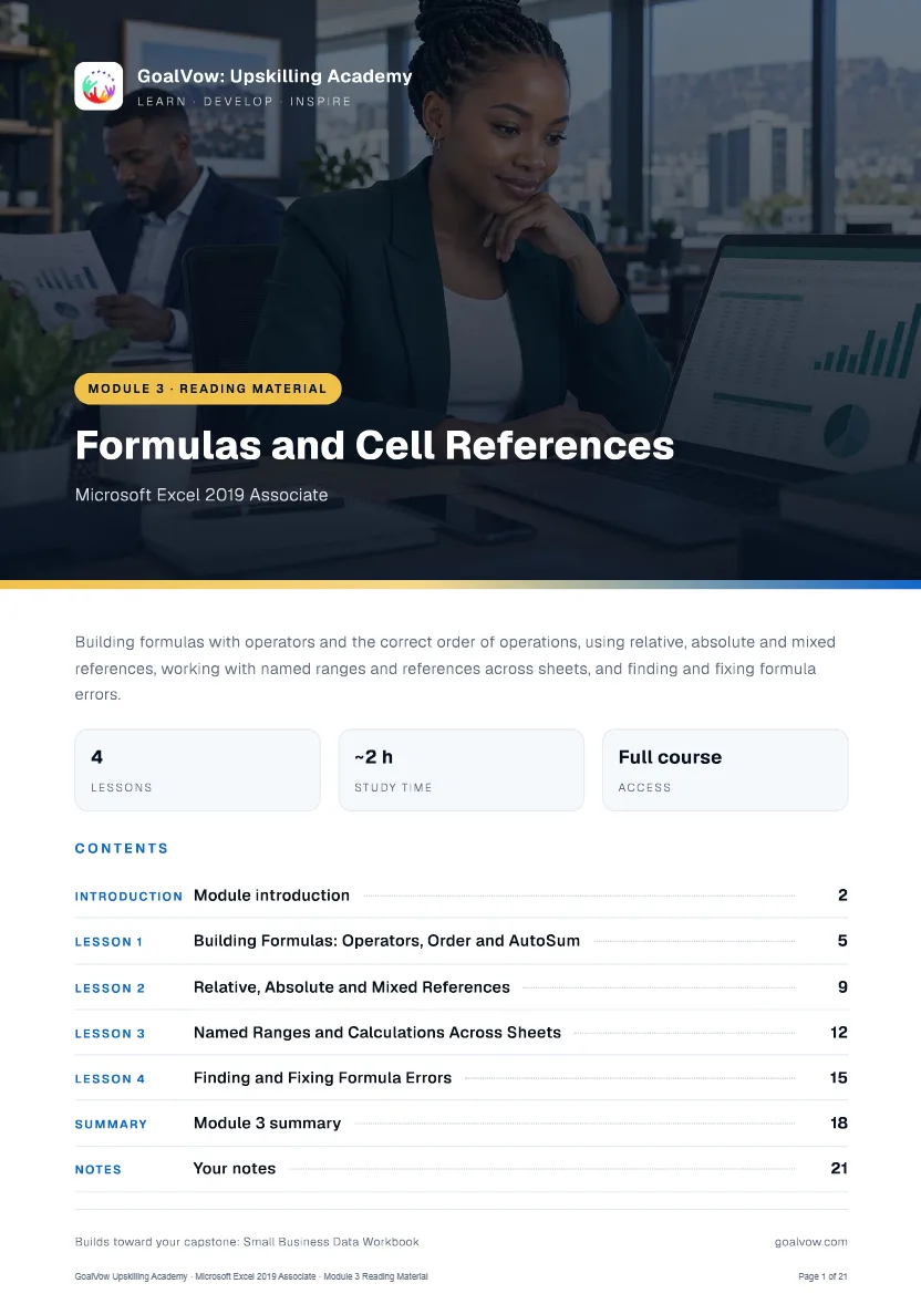 Cover page of the Module 3 reading book for Microsoft Excel 2019 Associate, with a contents list and page numbers